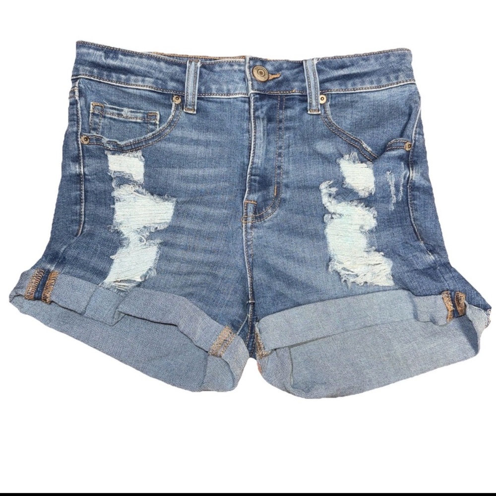 Aeropostale High Rise Midi Blue Distressed Denim Shorts Size 4 Preppy Trendy Y2K